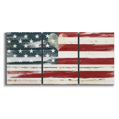 Three-panel canvas wall art featuring rustic american flag country style on white background.