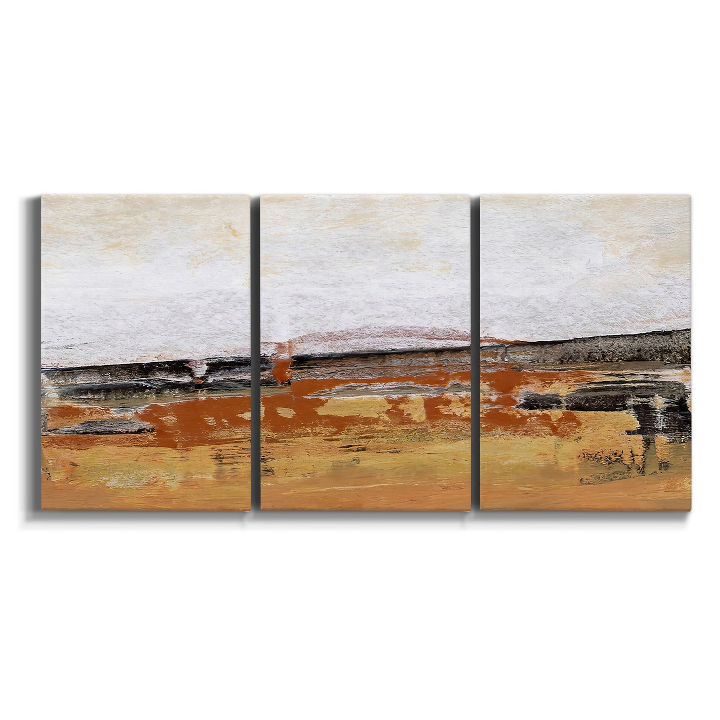 Three-panel canvas wall art featuring abstract bridge landscape in ochre on white background.