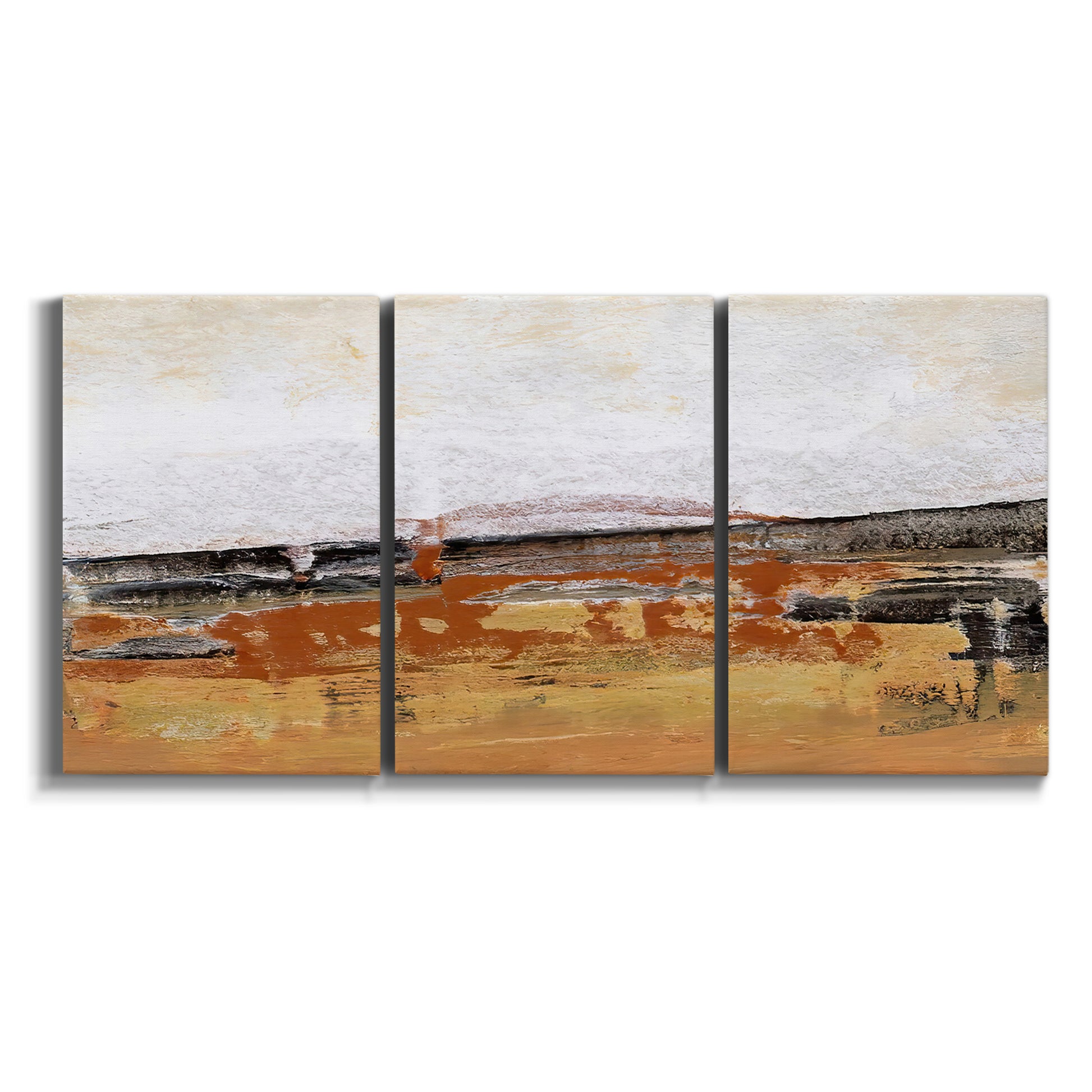 Three-panel canvas wall art featuring abstract bridge landscape in ochre on white background.