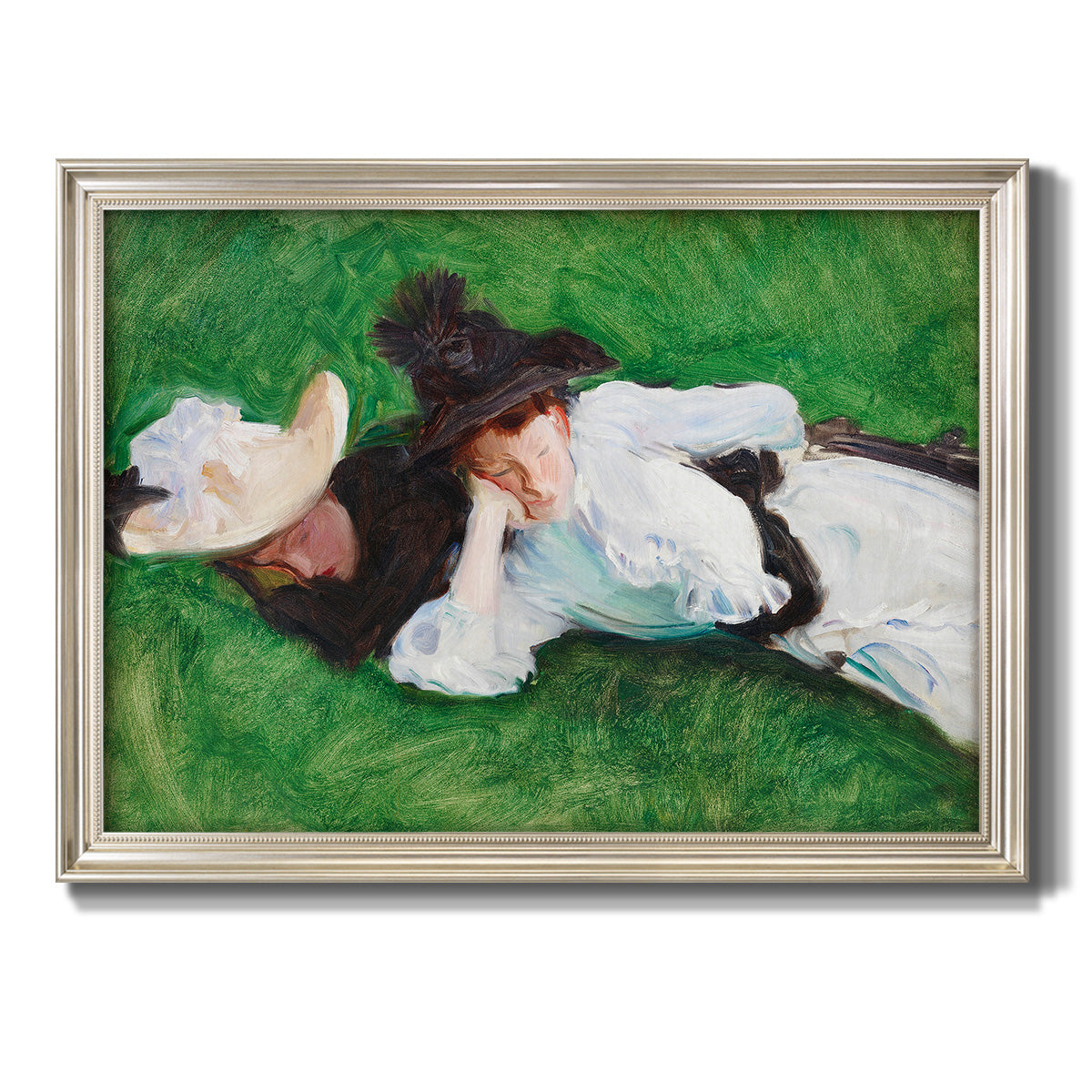 Impressionist outdoor portrait of two girls by John Singer Sargent printed on canvas in an ornate champagne frame.