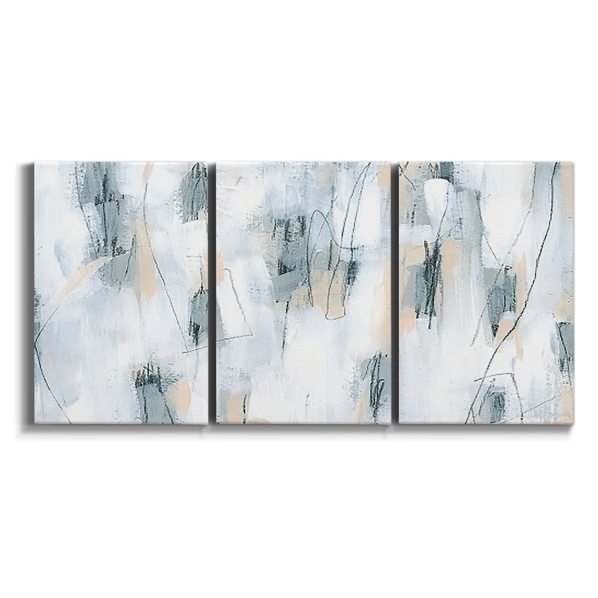 Three-panel canvas wall art featuring industrial textured abstract hatch patterns on white background.