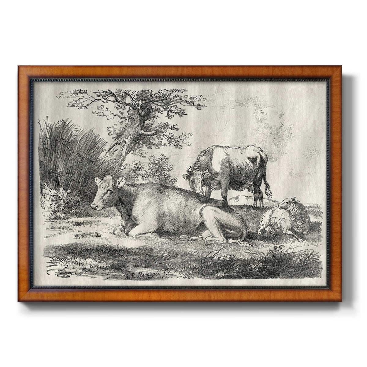 Classical pastoral landscape artwork by Nicolas Berchem printed on canvas in an ornate vintage burl wood frame.