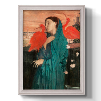Impressionist portrait of a young woman with an ibis by Edgar Degas printed on canvas in an ornate champagne frame with a vertical orientation.