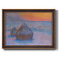 Impressionist haystack scene at sunset by Claude Monet printed on canvas in an ornate bronzed mahogany wood frame.