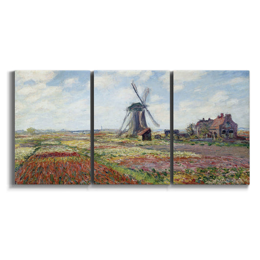 Three-panel canvas wall art featuring tulip fields with windmill on white background.