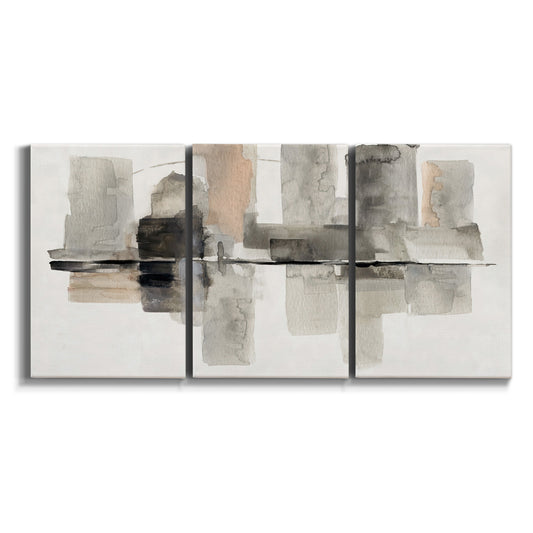 Three-panel canvas wall art featuring urban abstract watercolor oasis on white background.