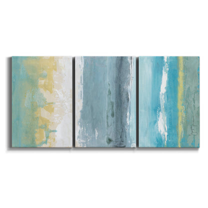 Three-panel canvas wall art featuring abstract coastal beach textures on white background.