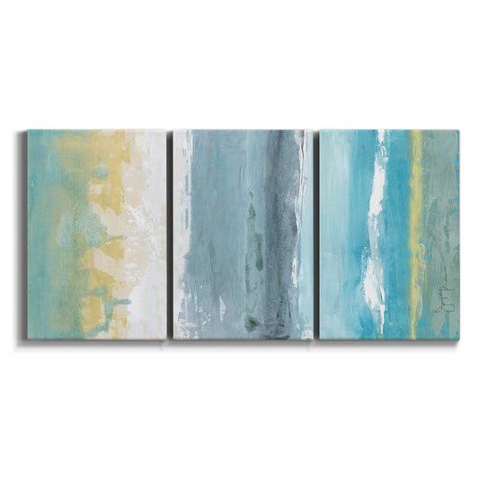 Three-panel canvas wall art featuring abstract coastal beach textures on white background.