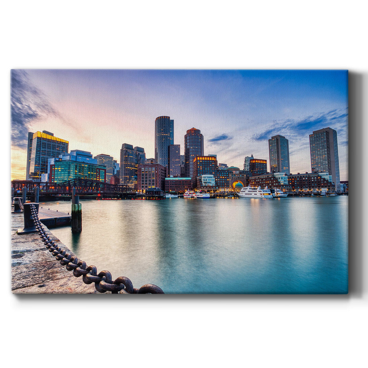 Boston Skyline with Financial District and Boston Harbor at Sunset - Canvas Art Print