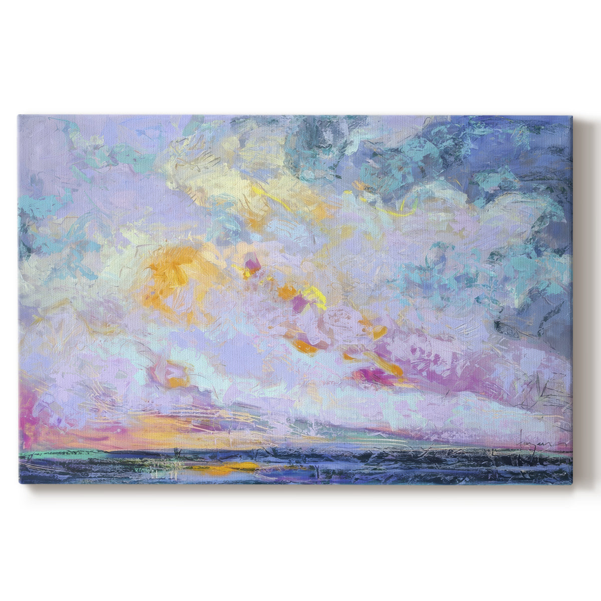 Vibrant sunset over tranquil ocean with pastel clouds, capturing the calming essence of twilight hours