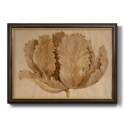 Monochrome sepia tulip flower printed on canvas in an ornate mahogany wood frame with gold liner.