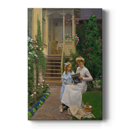 Canvas art print featuring a realistic scene of two girls standing in a garden with soft natural light on a clean white background.
