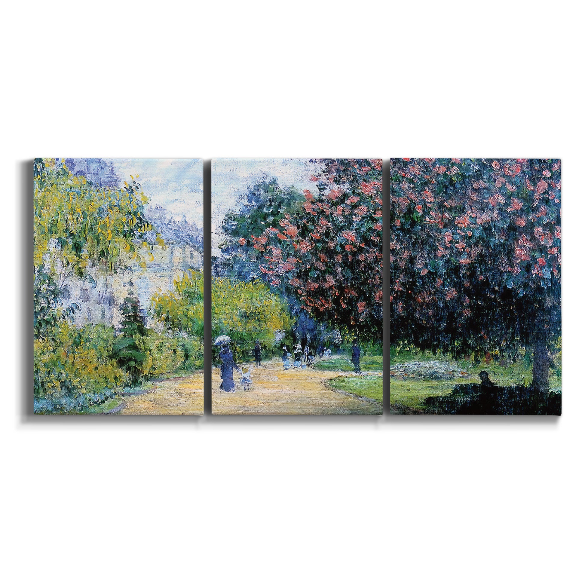 Three-panel canvas wall art featuring formal city park with trees on white background.