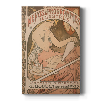 Canvas art print featuring an Art Nouveau poster of a woman with ornate details and program typography on a clean white background.