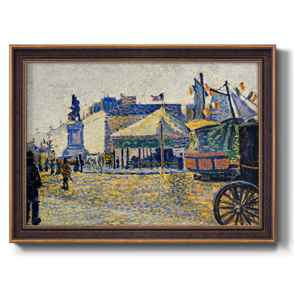 Impressionist Paris city square scene by Paul Signac printed on canvas in an ornate bronzed mahogany wood frame.