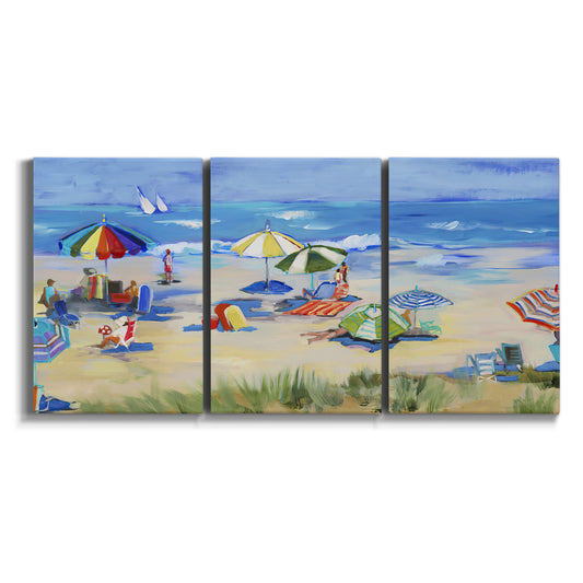 Three-panel canvas wall art featuring sunny coastal beachscape with horizon on white background.