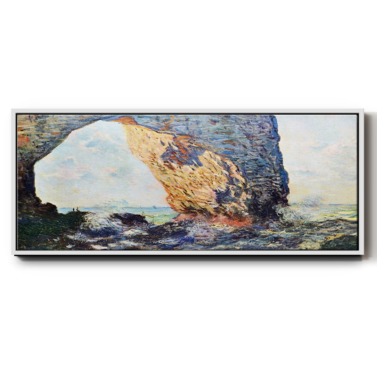 The rocky cliffs of Ã‰tretat (La Porte man) [1] by Monet - Floater Framed Canvas Print