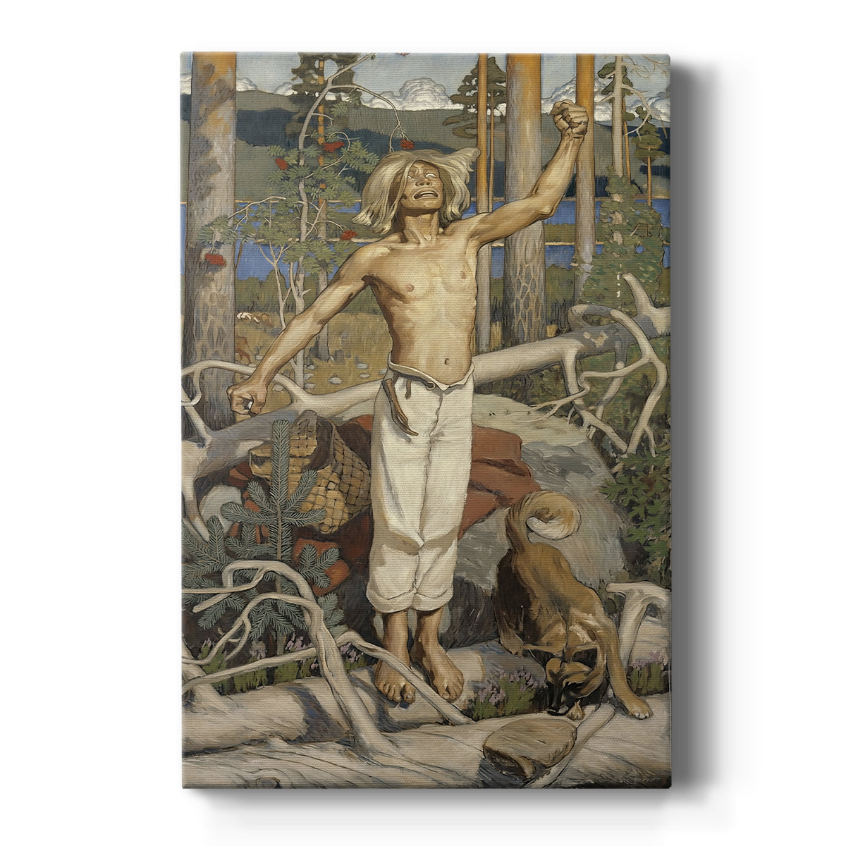 Canvas art print featuring a symbolic scene of a lone figure raising arms in anguish within a rugged landscape on a clean white background.