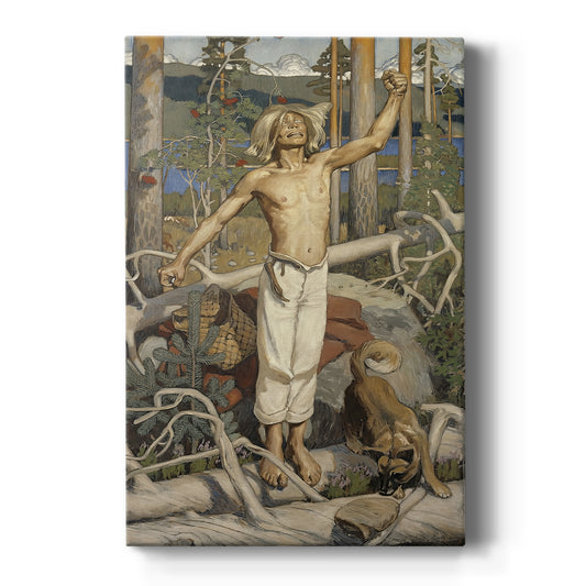Canvas art print featuring a symbolic scene of a lone figure raising arms in anguish within a rugged landscape on a clean white background.
