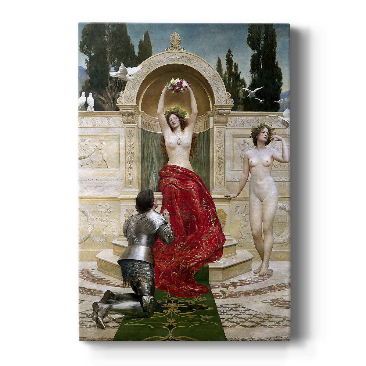 Canvas art print featuring a narrative scene of Knight Tannhäuser kneeling before Venus on a clean white background.