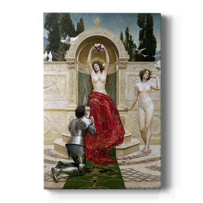 Canvas art print featuring a narrative scene of Knight Tannhäuser kneeling before Venus on a clean white background.
