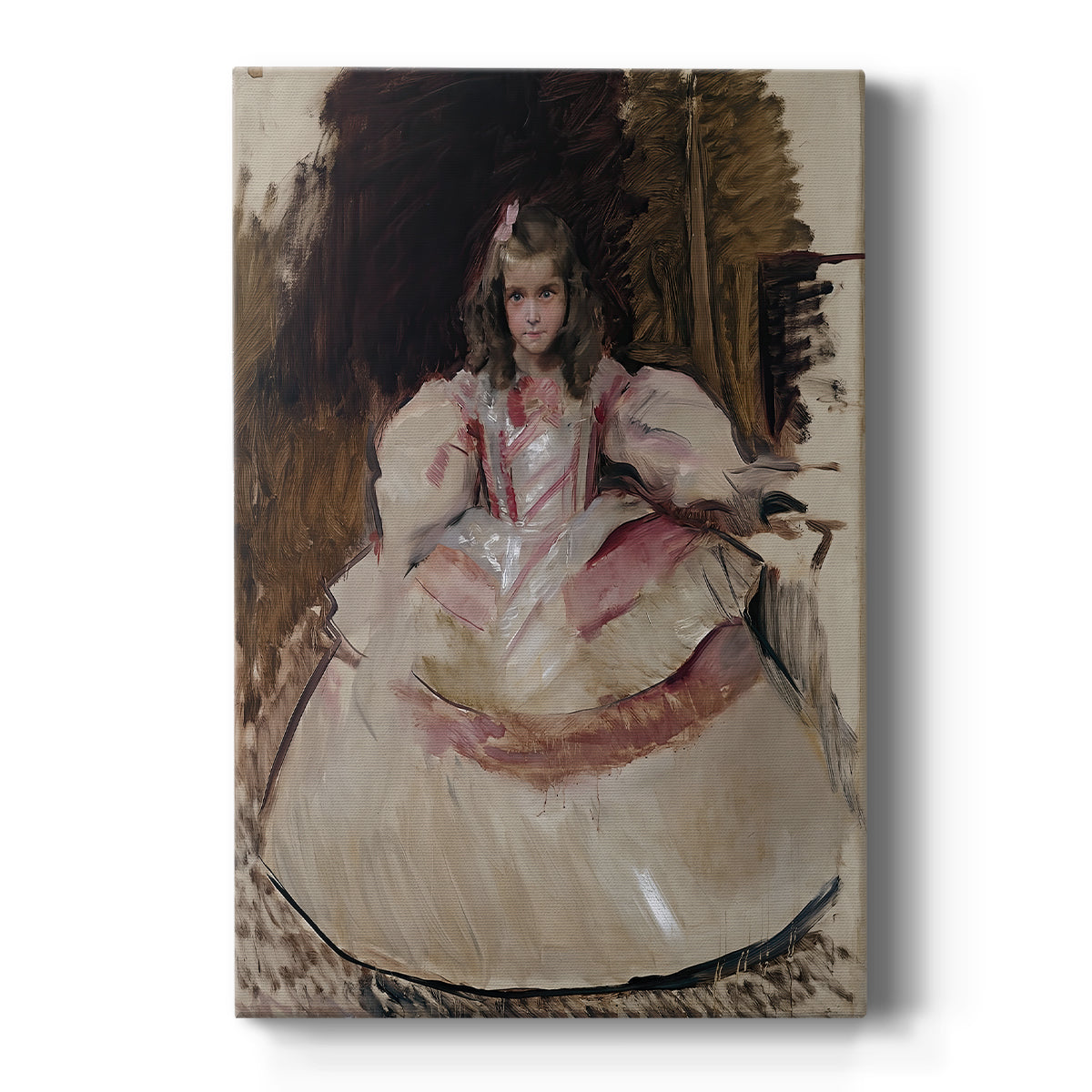 Canvas art print featuring an impressionist portrait of a young girl in elaborate historical dress on a clean white background.