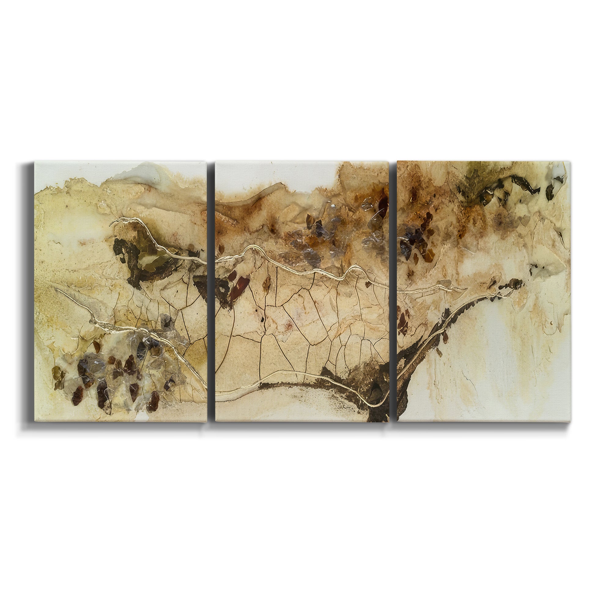 Three-panel canvas wall art featuring muted abstract with metallic gold accents on white background.