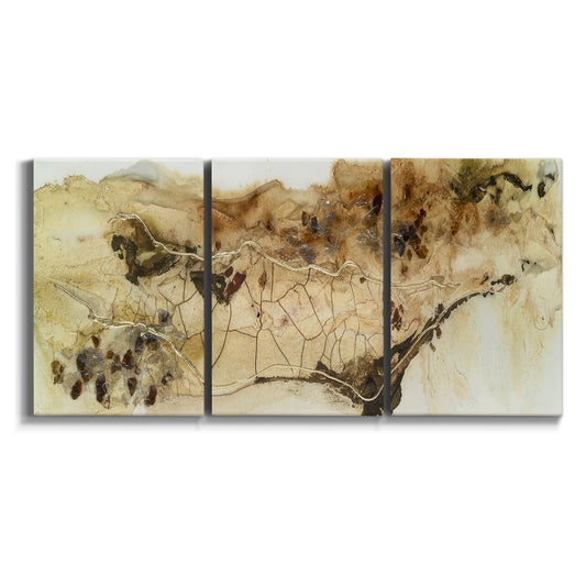 Three-panel canvas wall art featuring muted abstract with metallic gold accents on white background.