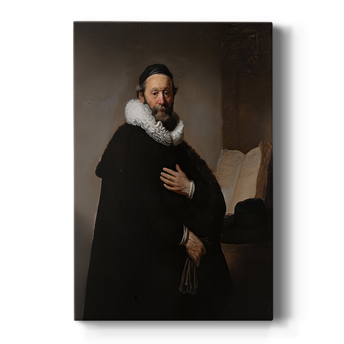 Canvas art print featuring a Baroque portrait of a seated man in dark clothing with soft light on a clean white background.