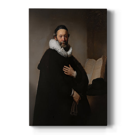 Canvas art print featuring a Baroque portrait of a seated man in dark clothing with soft light on a clean white background.