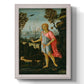 Classical religious portrait of Saint John the Baptist by Jacopo del Sellaio printed on canvas in an ornate weathered white frame with a vertical orientation.