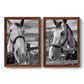 Set of two maple barnwood framed canvas prints featuring two modern equestrian photography featuring black-and-white close-up portraits of horses at fences.