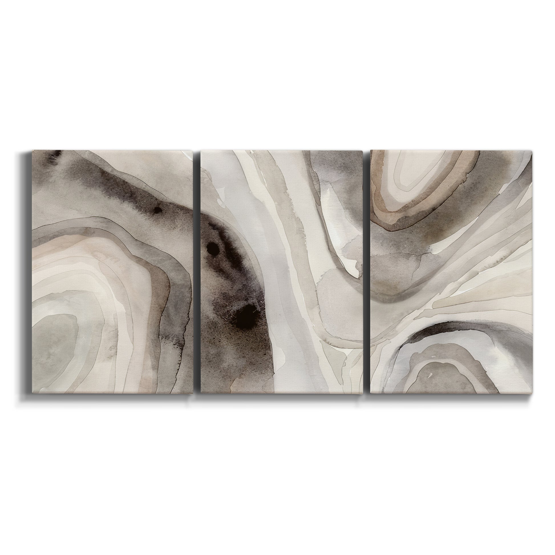 Three-panel canvas wall art featuring layered stone inspired abstract forms on white background.