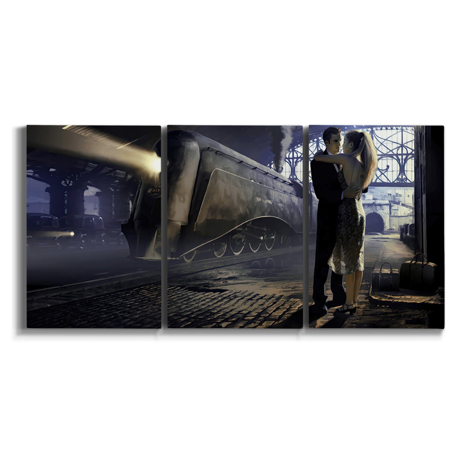 Three-panel canvas wall art featuring couple kissing at train station on white background.