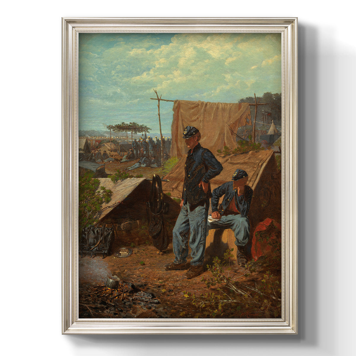 American genre scene of domestic life by Winslow Homer printed on canvas in an ornate champagne frame with a vertical orientation.