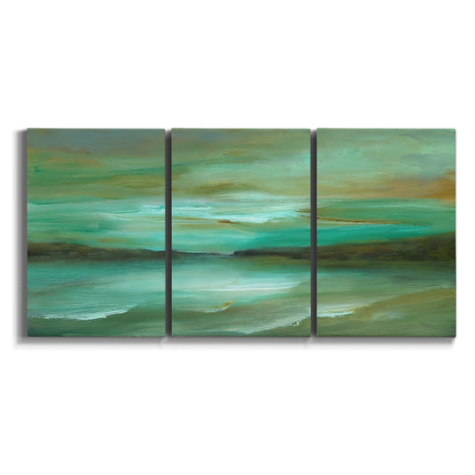 Three-panel canvas wall art featuring hidden coastal cove landscape on white background.
