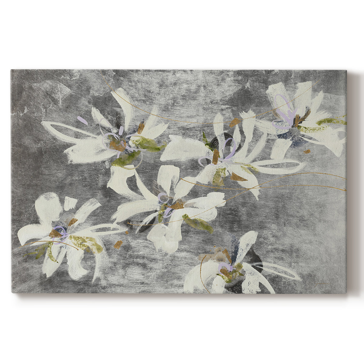 floral,painting,abstract,flowers,Gray background,white blossoms,purple accents,green highlights,texture,art,decoration,design,contemporary,modern,still life,nature,canvas,composition,elegance,beauty,vibrant,detail,creativity,brush strokes,indoor decor,aesthetics,hand-painted,impressionism,visual art,relaxing,harmony,nature-inspired,organic forms,soft colors,interior design,uplifting,decoration idea,art piece,expression