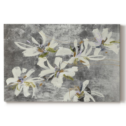 floral,painting,abstract,flowers,Gray background,white blossoms,purple accents,green highlights,texture,art,decoration,design,contemporary,modern,still life,nature,canvas,composition,elegance,beauty,vibrant,detail,creativity,brush strokes,indoor decor,aesthetics,hand-painted,impressionism,visual art,relaxing,harmony,nature-inspired,organic forms,soft colors,interior design,uplifting,decoration idea,art piece,expression