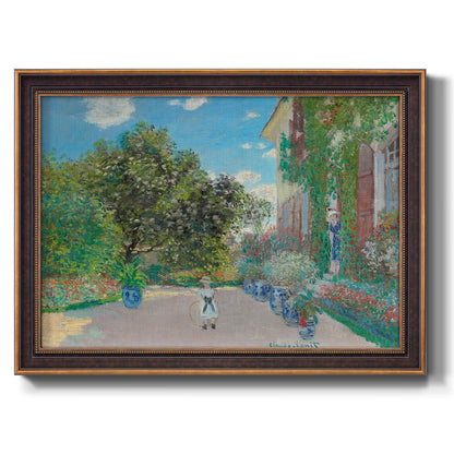 Impressionist residential landscape at Argenteuil by Claude Monet printed on canvas in an ornate bronzed mahogany wood frame.