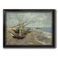 Impressionist coastal fishing boats scene by Vincent van Gogh printed on canvas in an ornate black frame with gilded inner detail.