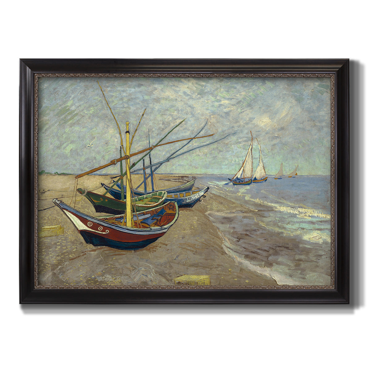 Impressionist coastal fishing boats scene by Vincent van Gogh printed on canvas in an ornate black frame with gilded inner detail.