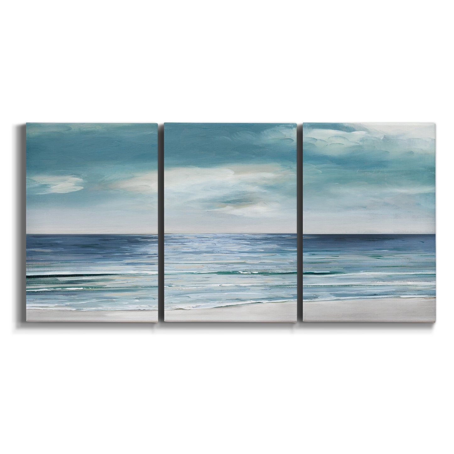 Three-panel canvas wall art featuring calm coastal shoreline on white background.