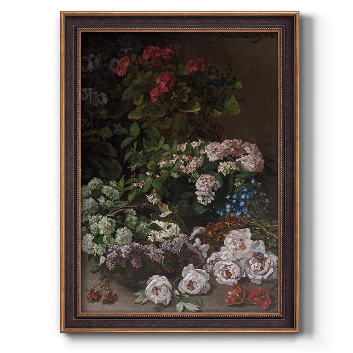 Early impressionist floral painting by Claude Monet printed on canvas in an ornate bronzed mahogany wood frame with a vertical orientation.