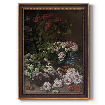 Early impressionist floral painting by Claude Monet printed on canvas in an ornate bronzed mahogany wood frame with a vertical orientation.