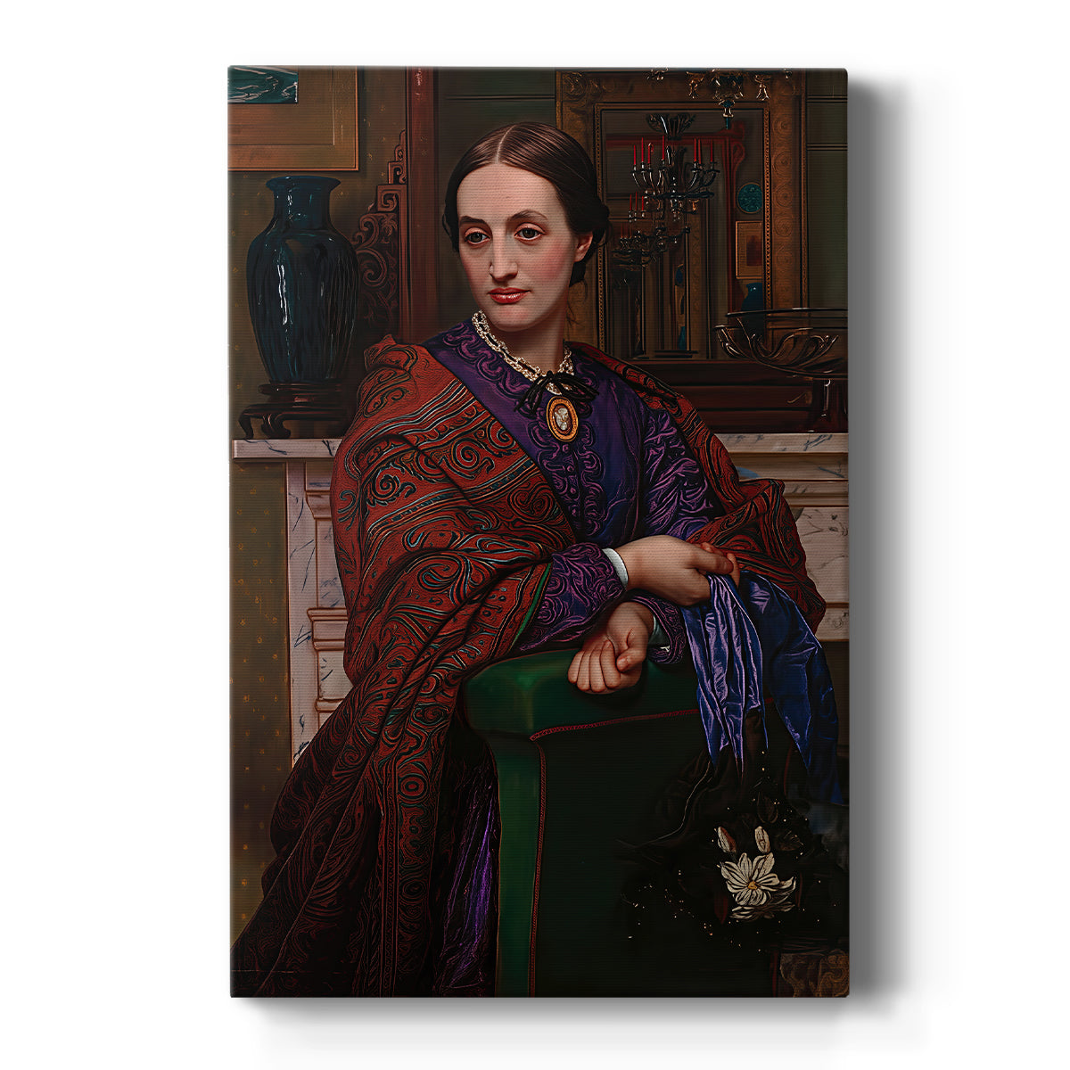 Canvas art print featuring a realistic portrait of a woman in formal attire with soft light on a clean white background.