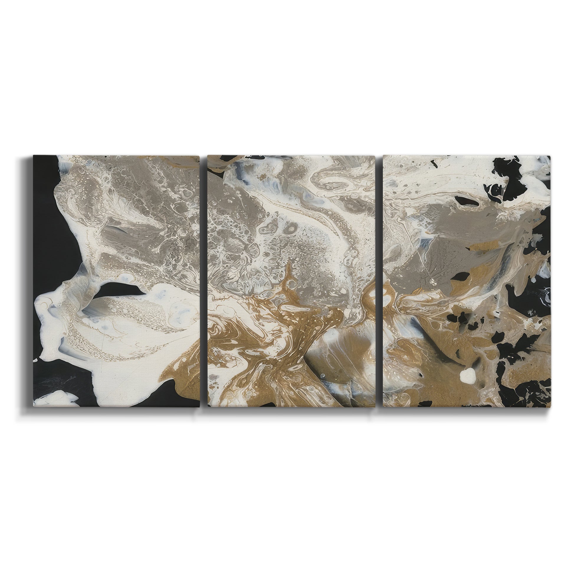 Three-panel canvas wall art featuring pale abstract mask like forms on white background.