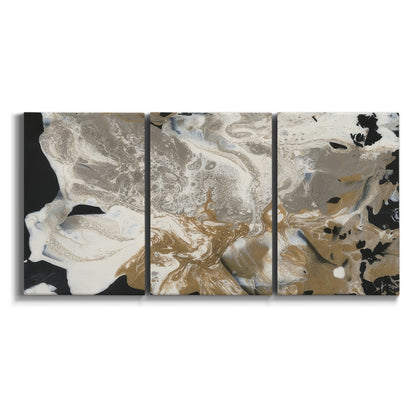 Three-panel canvas wall art featuring pale abstract mask like forms on white background.