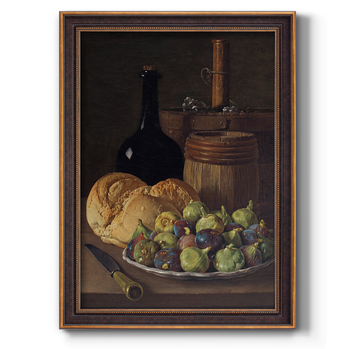 Realist still life with figs and bread by Luis Meléndez printed on canvas in an ornate bronzed mahogany wood frame with a vertical orientation.