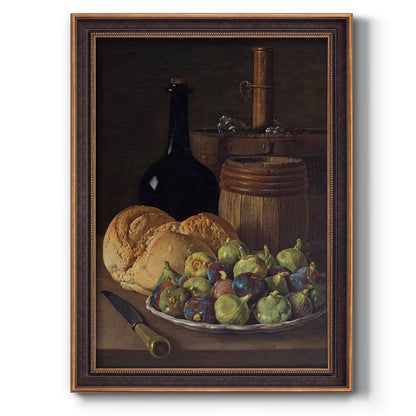 Realist still life with figs and bread by Luis Meléndez printed on canvas in an ornate bronzed mahogany wood frame with a vertical orientation.
