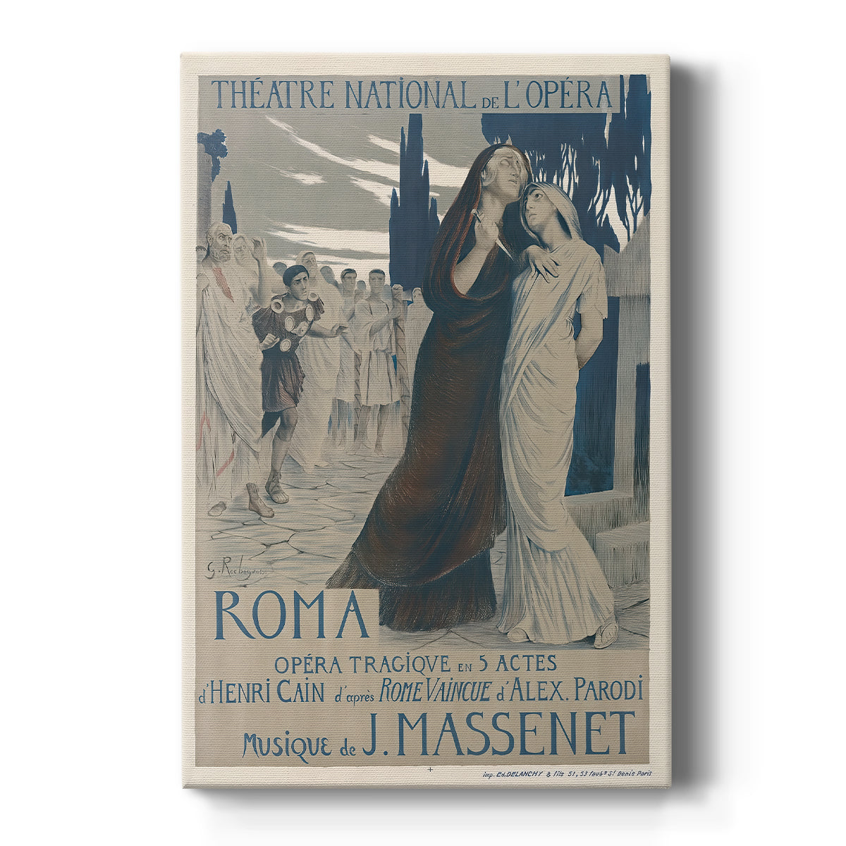 Canvas art print featuring an Art Nouveau poster with figures and architectural elements in soft tones on a clean white background.